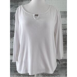 Rafaella Studio Women White Top 3/4 Sleeve 100% Cotton Plus Sz 2XL Keyhole Neck